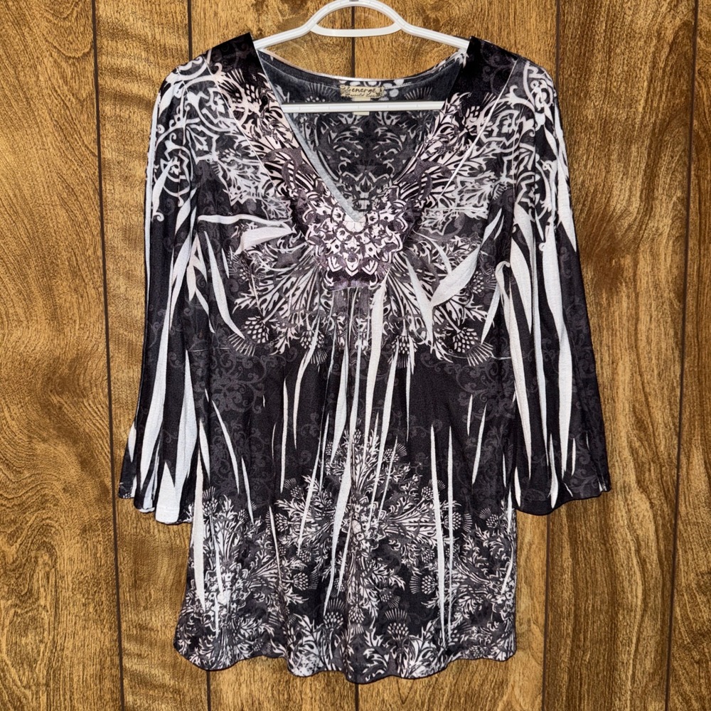 Energe World Wear Womens Large Black White Mandala Print V-Neck Boho Y2K Top